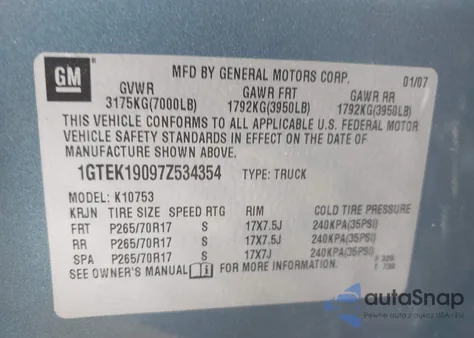 2007 GMC Sierra 1500 Slt из США, поврежденный, VIN 1GTEK19097Z534354